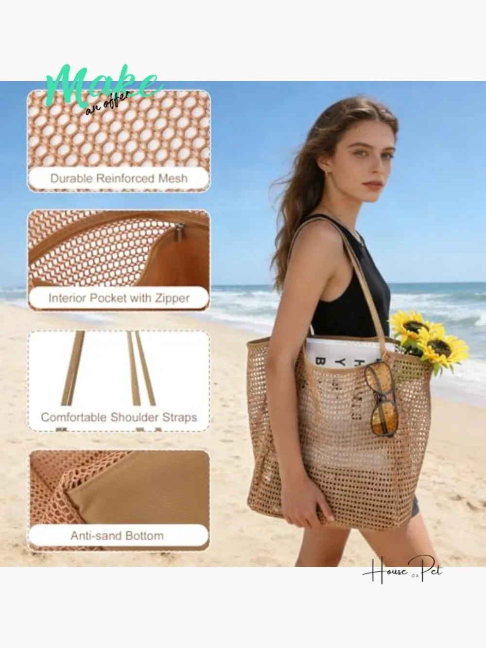 10 Pcs Mesh Beach Tote & Straw Hat Set with Earrings - Picture 3 of 7